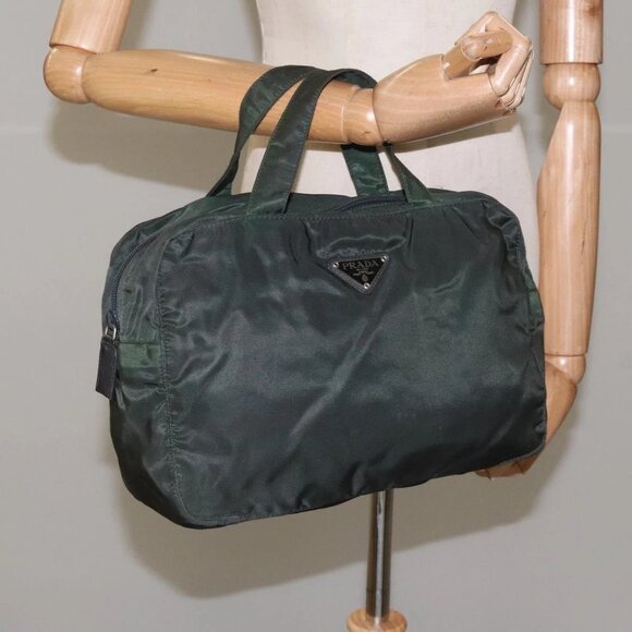 PRADA Hand Bag Nylon Khaki Silver Auth - Picture 1 of 16